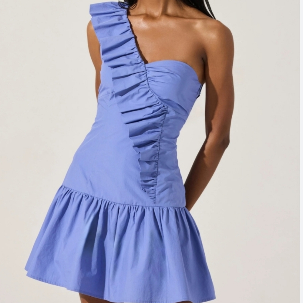 ASTR One Shoulder Ruffle Mini Dress in Blue NWOT